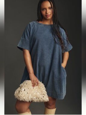 Anthropologie Denim Mini Dress Porridge Short Sleeve L RUNS LARGE Fits like XL